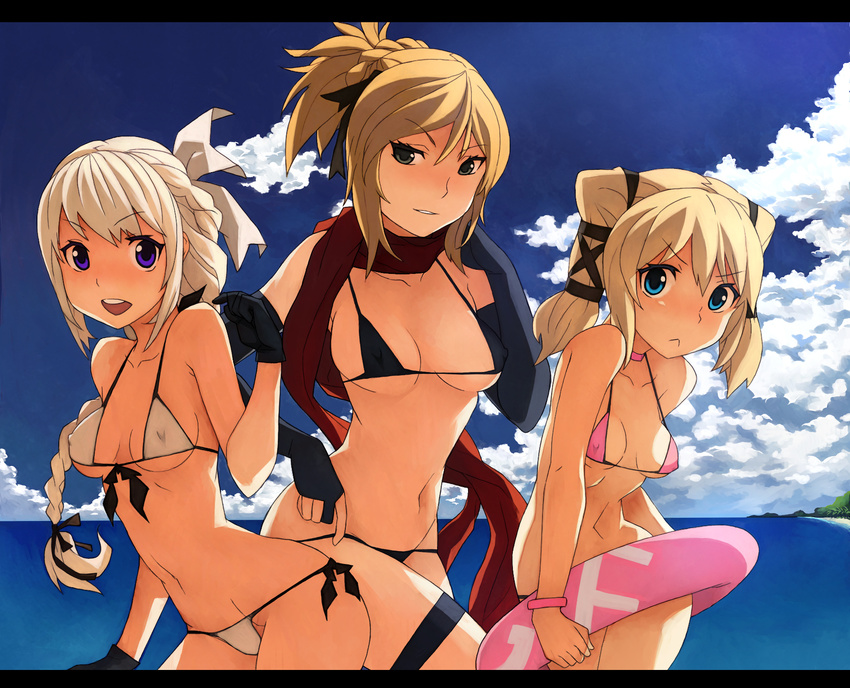 3girls :< annoyed bikini bikini_pull blonde_hair blue_eyes braid breasts bridal_gauntlets caee_penguin catherine_(granado_espada) choker claire_(granado_espada) clothes_pull commentary_request covered_nipples day front-tie_top frown gloves granado_espada green_eyes grey_eyes highres innertube letterboxed long_hair looking_at_viewer medium_breasts micro_bikini multiple_girls navel outdoors photoshop_(medium) ponytail purple_eyes red_scarf scarf short_hair side-tie_bikini_bottom small_breasts string_bikini swim_ring swimsuit valeria_(granado_espada)