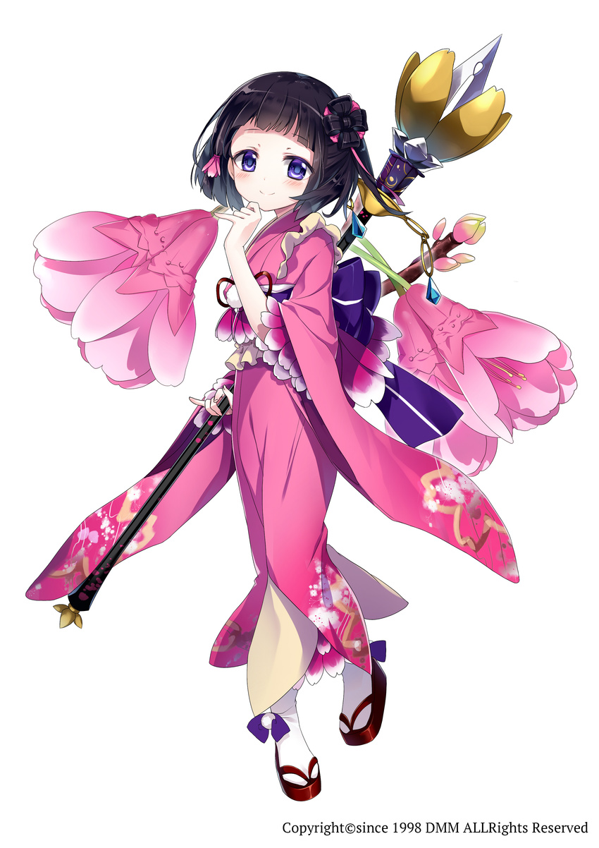 absurdres bad_id bad_pixiv_id black_bow black_hair bow closed_mouth emia_(castilla) female flower flower_knight_girl frills full_body hair_ornament highres holding holding_staff japanese_clothes kanhizakura_(flower_knight_girl) kimono looking_at_viewer name_connection object_namesake official_art photoshop_(medium) pink_kimono polearm_behind_back purple_bow purple_eyes sandals short_hair simple_background smile socks solo staff standing tachi-e white_background yukata