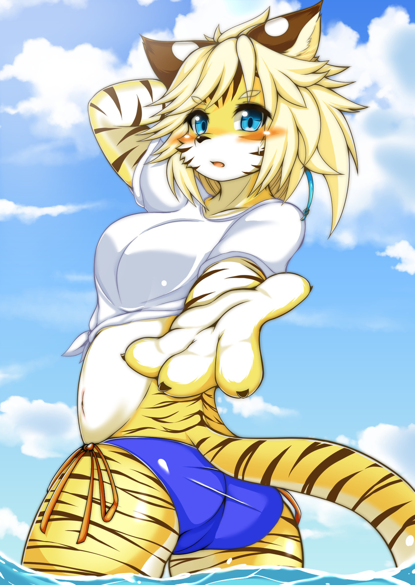 animal_ears arm_up ass bikini bikini_bottom blonde_hair blue_bikini blue_eyes blue_sky blush breasts cameltoe claws cloud crop_top day eyebrows_visible_through_hair female female from_behind fullbokko_heroes furry highres looking_at_viewer looking_back medium_breasts megane_inu navel no_humans open_mouth outdoors outstretched_arm paws shiny_skin short_hair short_sleeves side-tie_bikini sky solo swimsuit tail tied_shirt wading water white_shirt zhang_fei_(fullbokko_heroes)