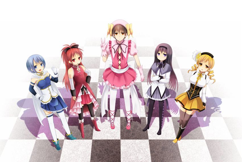 1boy 4girls aikawa_ayumu akemi_homura akemi_homura_(magical_girl) ankle_lace-up black_hair blonde_hair blue_eyes blue_hair brown_hair cape checkered_floor commentary_request cross-laced_footwear crossdressing crossed_arms crossover dress drill_hair gloves hat ine kore_wa_zombie_desu_ka? long_hair looking_up magical_girl mahou_shoujo_madoka_magica mahou_shoujo_madoka_magica_(anime) miki_sayaka miki_sayaka_(magical_girl) multiple_girls odd_one_out pantyhose ponytail purple_eyes red_eyes red_hair sakura_kyoko sakura_kyoko_(magical_girl) season_connection shadow short_hair thighhighs tomoe_mami tomoe_mami_(magical_girl) twin_drills twintails v wide_ponytail yellow_eyes