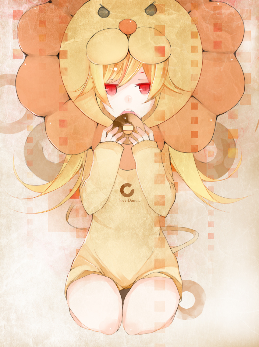 animal_costume bakemonogatari blonde_hair commentary_request cosplay doughnut female food highres lion long_hair mister_donut monogatari_(series) oshino_shinobu photoshop_(medium) pon_de_lion pon_de_lion_(cosplay) solo zweplus