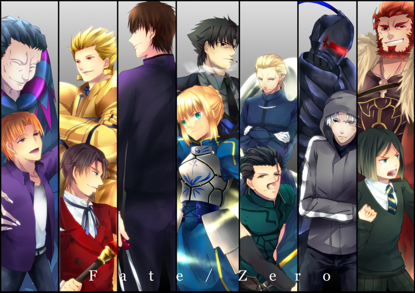 6+boys artoria_pendragon_(fate) assassin_(fate/zero) bad_id bad_pixiv_id berserker_(fate/zero) black_keys_(type-moon) cane column_lineup copyright_name diarmuid_ua_duibhne_(lancer)_(fate) emiya_kiritsugu everyone fate/zero fate_(series) female gem gilgamesh_(fate) gilles_de_rais_(caster)_(fate) highres iskandar_(fate) kayneth_el-melloi_archibald kotomine_kirei matou_kariya mercury_(element) multiple_boys saber_(fate) tohsaka_tokiomi tosainu uryuu_ryuunosuke volumen_hydragyrum_(fate) waver_velvet