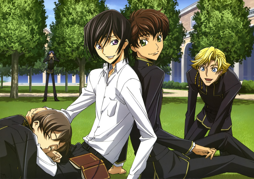 5boys absurdres artist_request ashford_academy_school_uniform back-to-back belt black_hair blonde_hair blue_eyes blue_hair book brown_hair closed_eyes code_geass gino_weinberg grass green_eyes highres kururugi_suzaku lap_pillow lelouch_vi_britannia lying male_focus multiple_boys on_stomach open_book purple_eyes rivalz_cardemonde rolo_lamperouge school_uniform sitting sleeping uniform