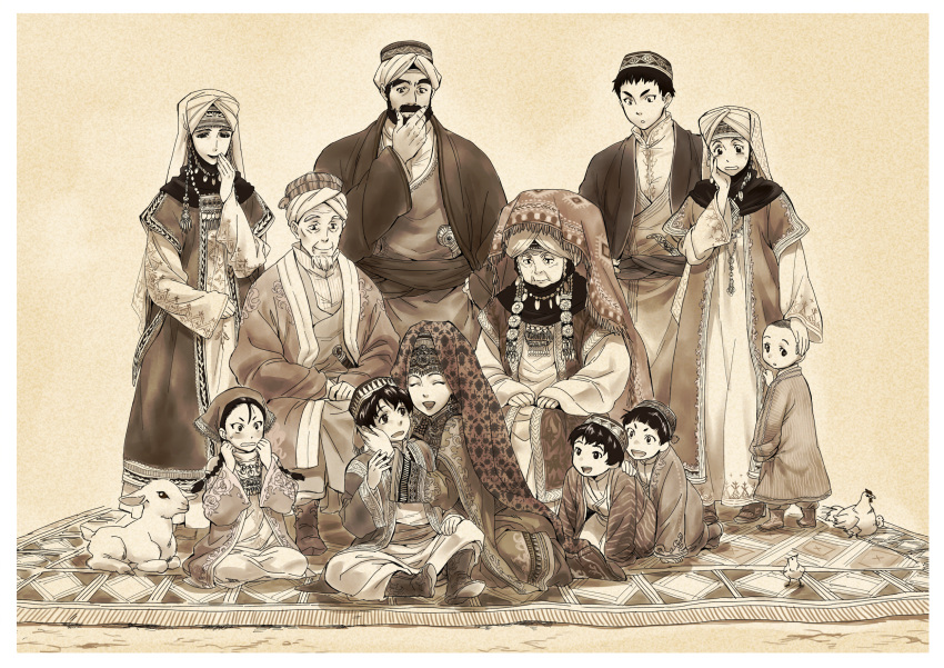 5girls 6+boys age_difference akunbek amira annotated bad_id bad_pixiv_id balkirsh bird boots braid brother_and_sister brothers carpet chalg chicken family father_and_daughter father_and_son group_picture headdress highres hug husband_and_wife indesign jewelry karluk kazakh_clothes kazakhstan long_hair mahatbek monochrome mother_and_daughter mother_and_son multiple_boys multiple_girls onee-shota otoyomegatari rostem sanira seleke sepia sheep siblings smile tileke tokcan uygur uygur_clothes yusuf