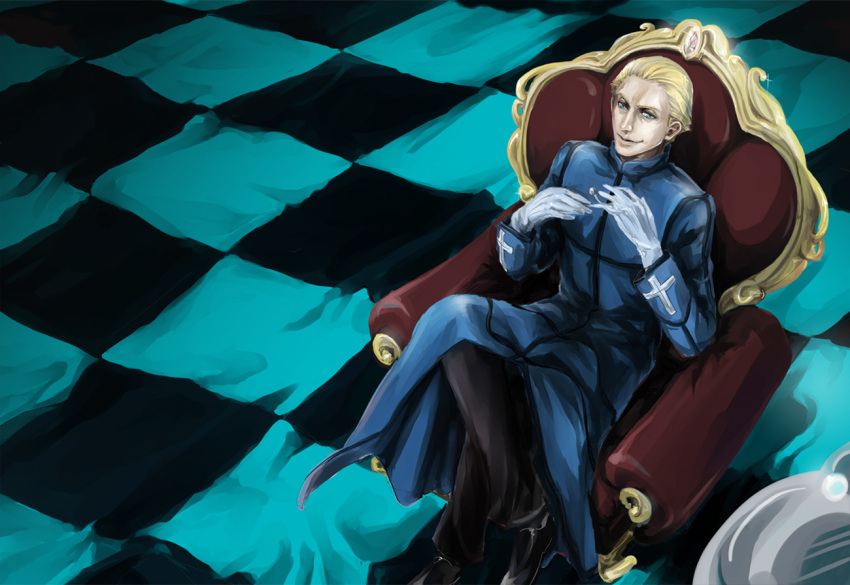 1boy blonde_hair chair checkered_floor commentary_request crossed_legs fate/zero fate_(series) gloves jldescs65 kayneth_el-melloi_archibald male_focus mercury_(element) sitting solo volumen_hydragyrum_(fate) white_gloves