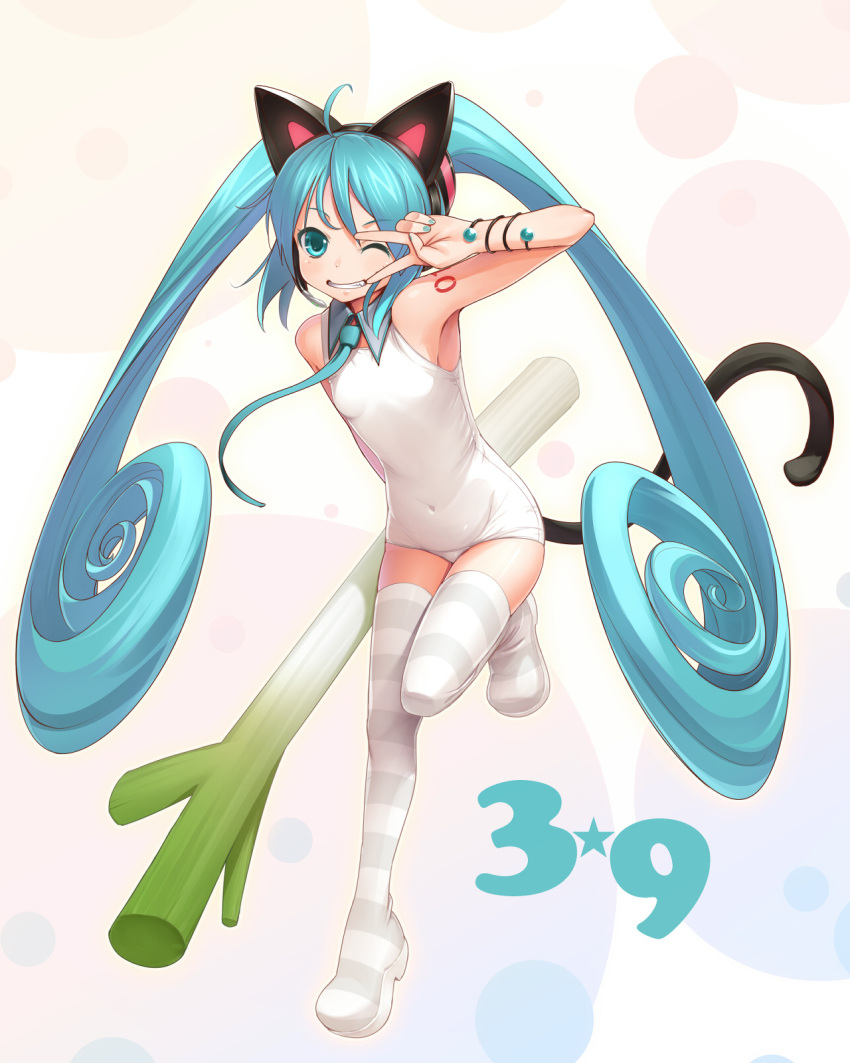 39 ahoge animal_ear_headphones animal_ears aqua_eyes aqua_hair bad_id bad_pixiv_id boots cat_ear_headphones cat_ears cat_tail fake_animal_ears female flat_chest fujishiro_touma grin hatsune_miku headphones highres long_hair looking_at_viewer miku_day necktie one-piece_swimsuit one_eye_closed platform_footwear smile solo spring_onion standing standing_on_one_leg striped_clothes striped_thighhighs swimsuit tail thigh_boots thighhighs twintails v very_long_hair vocaloid white_one-piece_swimsuit