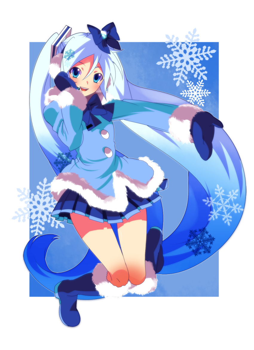 ageha blue_eyes blue_hair boots bow commentary_request earmuffs female hatsune_miku headset highres long_hair mittens outstretched_arm photoshop_(medium) skirt snowflakes solo thigh_gap twintails very_long_hair vocaloid yuki_miku yuki_miku_(2012)