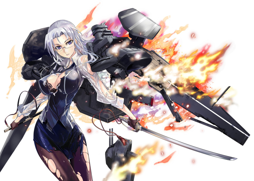 battleship_girl black_dress bra breasts cleavage cover cover_page dress explosion female fire glasses grey_hair hiryuu_(battleship_girl) imageboard_desourced katana lace lace-trimmed_bra lace_trim large_breasts looking_at_viewer mecha_musume military military_vehicle non-web_source pantyhose photoshop_(medium) purple_eyes sheath simple_background sword torn_clothes torn_pantyhose underwear weapon white_background white_hair world_war_ii zeco