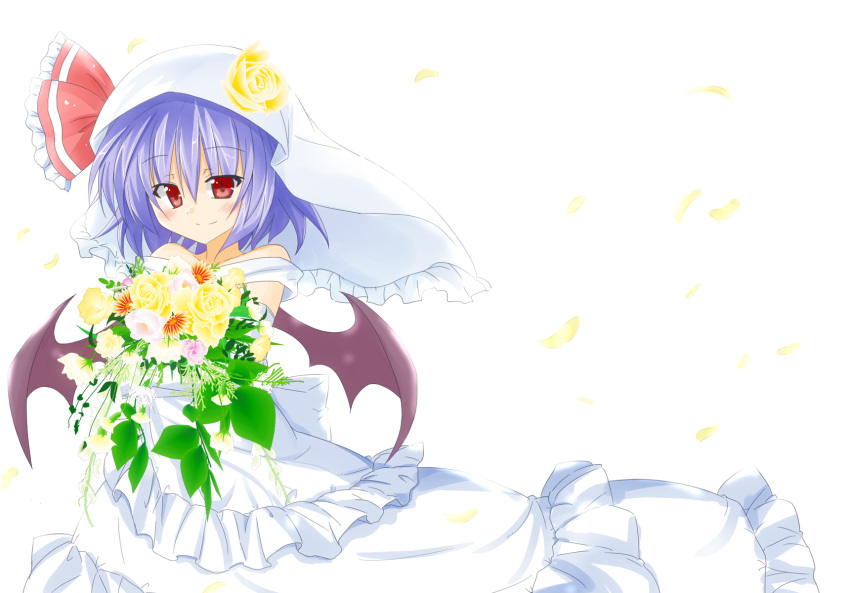 alternate_costume bare_shoulders bat_wings blue_hair blush bouquet commentary_request dress female flower hair_ribbon hat highres kazawa_(tonzura-d) light_smile red_eyes remilia_scarlet ribbon short_hair smile solo touhou veil wedding_dress white_dress wings