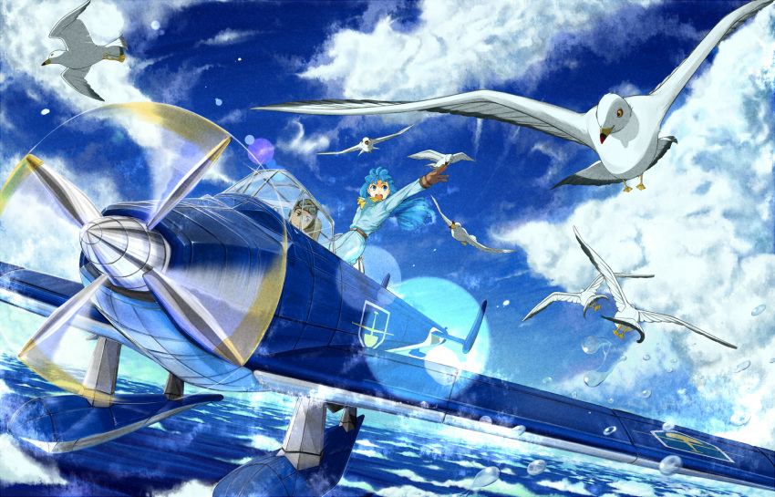 1boy :o aircraft airplane bad_id bad_pixiv_id bird blue_eyes blue_hair brown_eyes cloud day dutch_angle emblem fana_del_moral female flock gloves goggles goggles_on_head highres hikuushi_series jumpsuit karino_charles lens_flare long_hair ocean open_cockpit open_mouth propeller scarf seagull seaplane sky str-natural toaru_hikuushi_e_no_tsuioku uniform water_drop