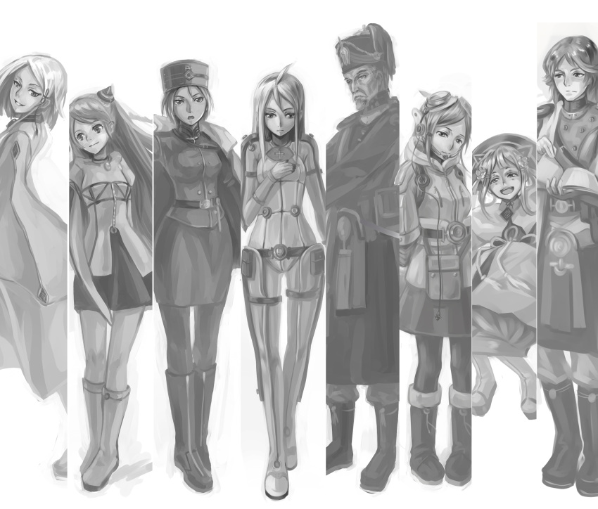 3boys 5girls absurdres alvis_hamilton beard bodysuit bomber_jacket book boots braid buckle cape commentary_request dian_(last_exile) dio_eraclea facial_hair frown giselle_collette_vingt gloves goggles goggles_on_head greyscale hat highres jacket jumping last_exile last_exile:_gin'yoku_no_fam lolicon long_hair miniskirt monochrome multiple_boys multiple_girls pantyhose pencil_skirt sadri sara_(last_exile) short_hair skirt smile sorush tassel tatiana_wisla uniform xiamianliele