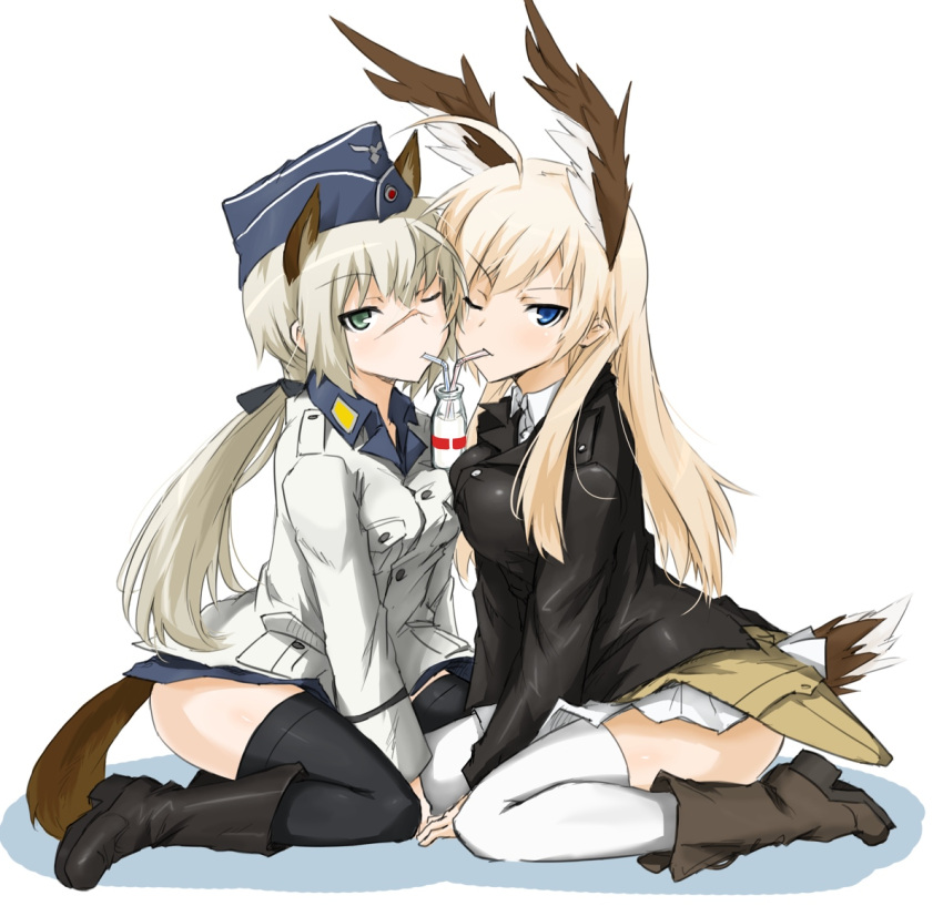 2girls ahoge animal_ears asymmetrical_docking bad_id bad_pixiv_id bird_girl bird_tail black_legwear blonde_hair blue_eyes boots breast_press breasts dakku_(ogitsune) drinking_straw garrison_cap green_eyes hanna-justina_marseille hanna_rudel hat head_wings jacket long_hair looking_at_viewer military military_uniform milk multiple_girls name_connection one_eye_closed photoshop_(medium) pleated_skirt ponytail scar scar_on_face scar_on_nose sitting skirt small_breasts strike_witches:_suomus_misfits_squadron tail thighhighs uniform wariza white_legwear wings witches_of_africa wolf_ears wolf_girl wolf_tail world_witches_series yokozuwari