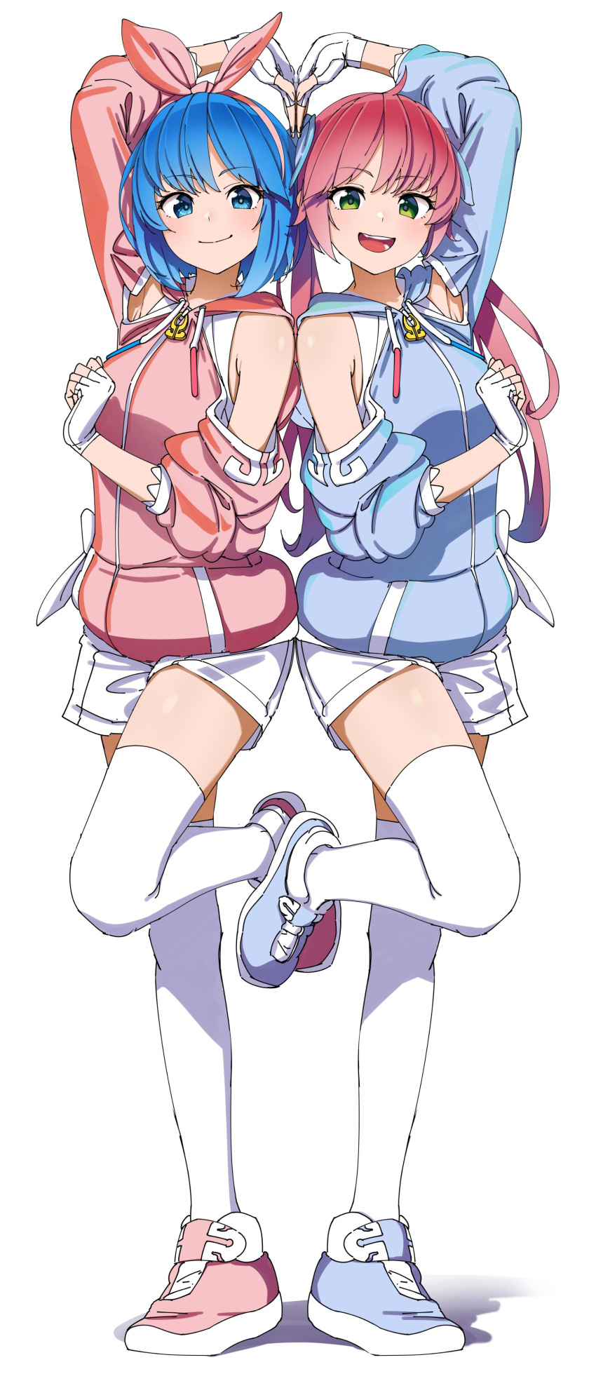 2girls absurdres arm_up bad_id bad_twitter_id bare_shoulders blue_eyes blue_footwear blue_hair blue_hoodie bow_hairband closed_mouth fingerless_gloves full_body gloves green_eyes hairband heart_arms heart_arms_duo highres hood hoodie leg_up long_hair looking_at_viewer multiple_girls omega_ray omega_rio omega_sisters omega_symbol open_mouth pink_footwear pink_hair pink_hoodie shinomu_(cinomoon) short_hair short_shorts shorts simple_background smile standing standing_on_one_leg thighhighs virtual_youtuber white_background white_gloves white_legwear white_shorts