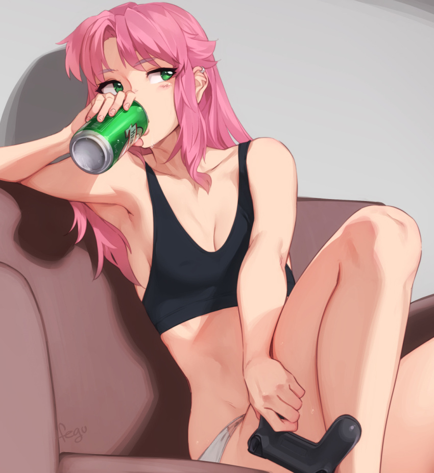 aspen_(feguimel) bare_arms black_sports_bra breasts can cleavage collarbone commentary controller couch drinking english_commentary feguimel female game_controller gamepad green_eyes highres holding holding_can holding_controller holding_game_controller legs long_hair original panties pink_hair sitting solo sports_bra underwear white_panties