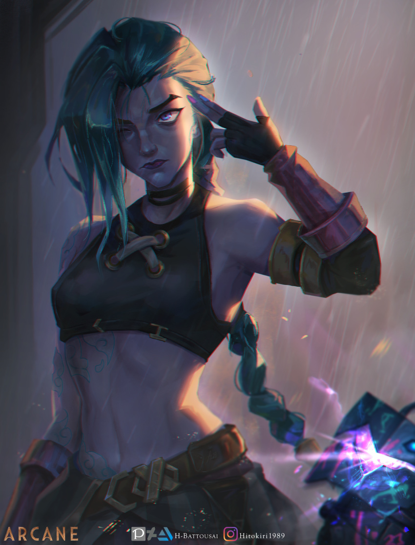 absurdres alternate_hair_color arcane:_league_of_legends arcane_jinx arm_tattoo artist_name artstation_logo asymmetrical_bangs bare_shoulders blue_eyes braid breasts closed_mouth cloud_tattoo copyright_name crop_top deviantart_logo english_commentary explosive female finger_gun finger_gun_to_head fingerless_gloves gloves glowing green_hair grenade highres hitokiri_battousai instagram_logo jinx_(league_of_legends) league_of_legends long_hair pants pixiv_logo rain shoulder_tattoo single_braid solo striped_clothes striped_pants tattoo weapon wet wet_hair