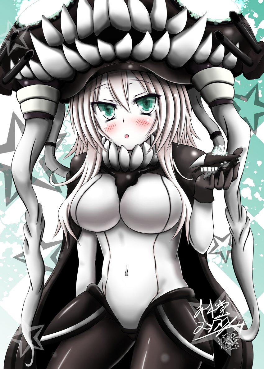 absurdres abyssal_ship black_gloves blush bodysuit breasts cape chibi chibi_inset commentary_request contrapposto covered_navel cowboy_shot female gloves green_eyes highres kantai_collection large_breasts long_hair looking_at_viewer open_mouth pale_skin rindou_sumiyoshi signature solo standing star_(symbol) white_hair wo-class_aircraft_carrier