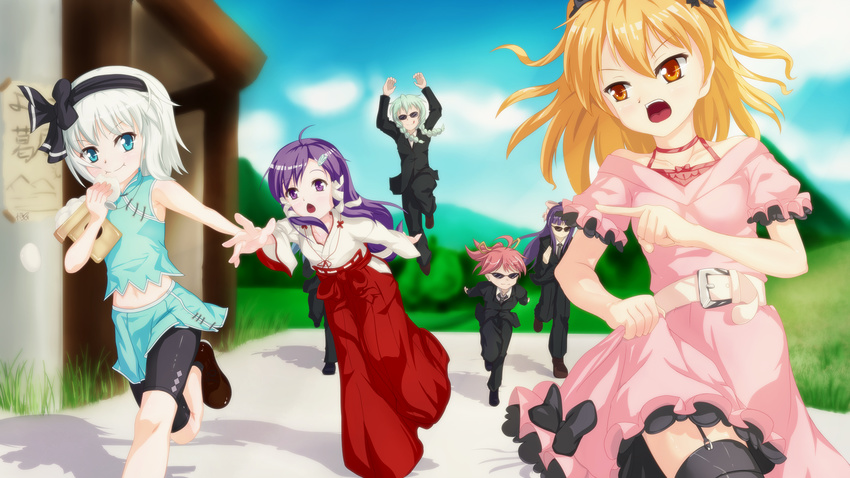 3boys 3girls bike_shorts blonde_hair bow crossdressing crossover garter_straps hairbow hieda_fumio highres japanese_clothes josou_sanmyaku kakileaf koyashiki_yura kurubayashi_shizuki miko multiple_boys multiple_girls purple_hair running silver_hair thighhighs trap twintails zettai_imouto_genri_shugi!!