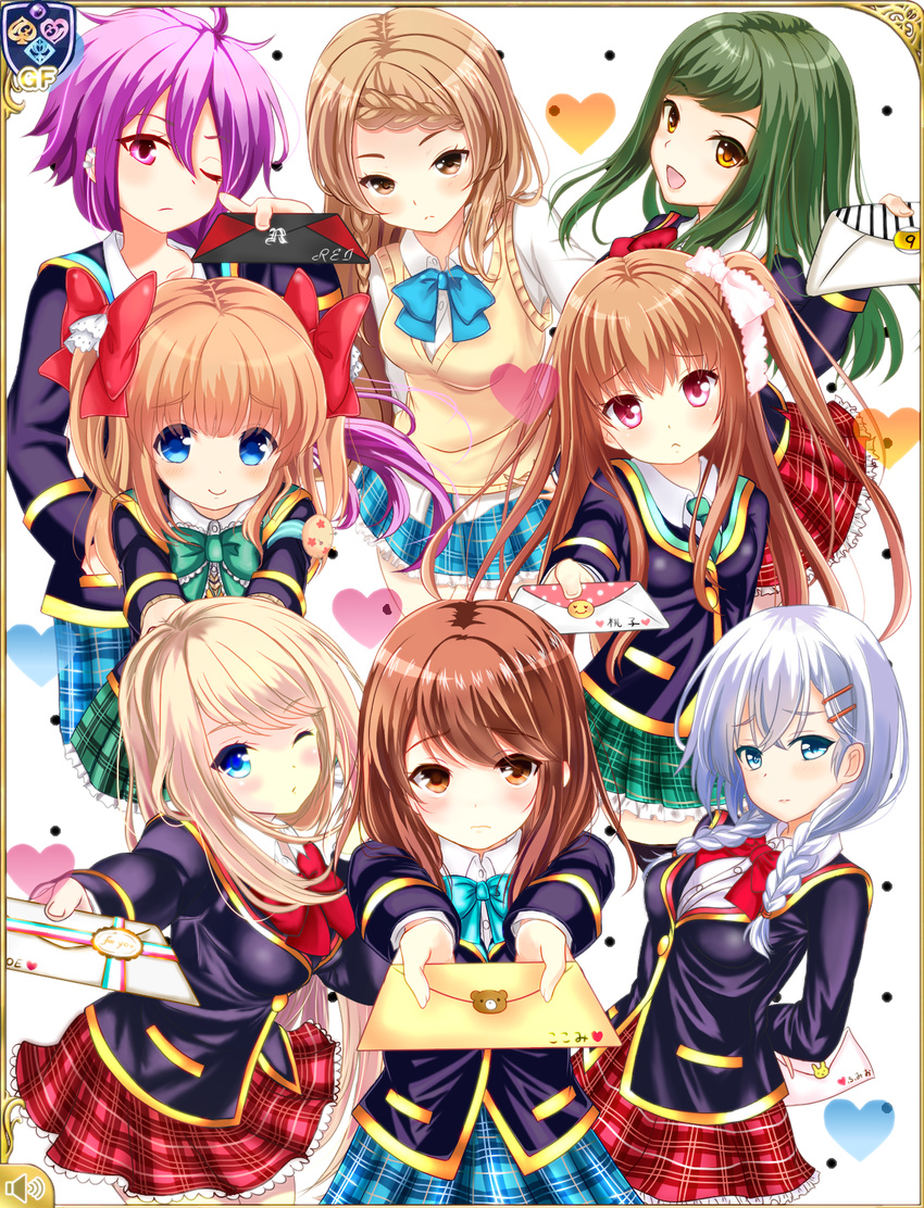 6+girls :d ;( ;o arms_behind_back asahina_momoko bad_id bad_pixiv_id blazer blonde_hair blue_hair blue_skirt blush bow bowtie braid brown_eyes brown_hair buttons chloe_lemaire girlfriend_(kari) green_bow green_bowtie green_hair hairbow highres holding holding_letter jacket kokonoe_shinobu letter long_hair long_sleeves love_letter miyoshi_nao multiple_girls murakami_fumio nio-yuirina one_eye_closed open_mouth parted_lips pink_eyes plaid plaid_skirt pocket red_bow red_eyes red_skirt school_uniform scratching_cheek shiina_kokomi shinonome_rei short_hair simple_background single_braid skirt smile very_long_hair white_background yuuki_nae