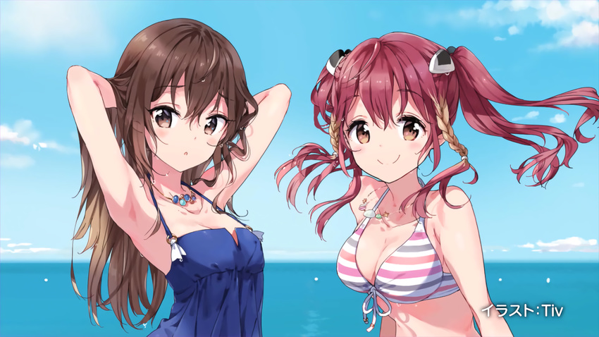 2girls armpits arms_up artist_name bikini blue_dress blue_sky braid breasts brown_eyes brown_hair cleavage cloud collarbone day dress end_card front-tie_bikini_top front-tie_top hair_between_eyes hair_ornament highres horizon hoshina_natsuki idol_incidents jewelry long_hair looking_at_viewer medium_breasts multiple_girls necklace ocean onimaru_shizuka outdoors red_hair sky small_breasts smile striped_bikini striped_clothes swimsuit tiv twin_braids twintails upper_body wet wet_hair