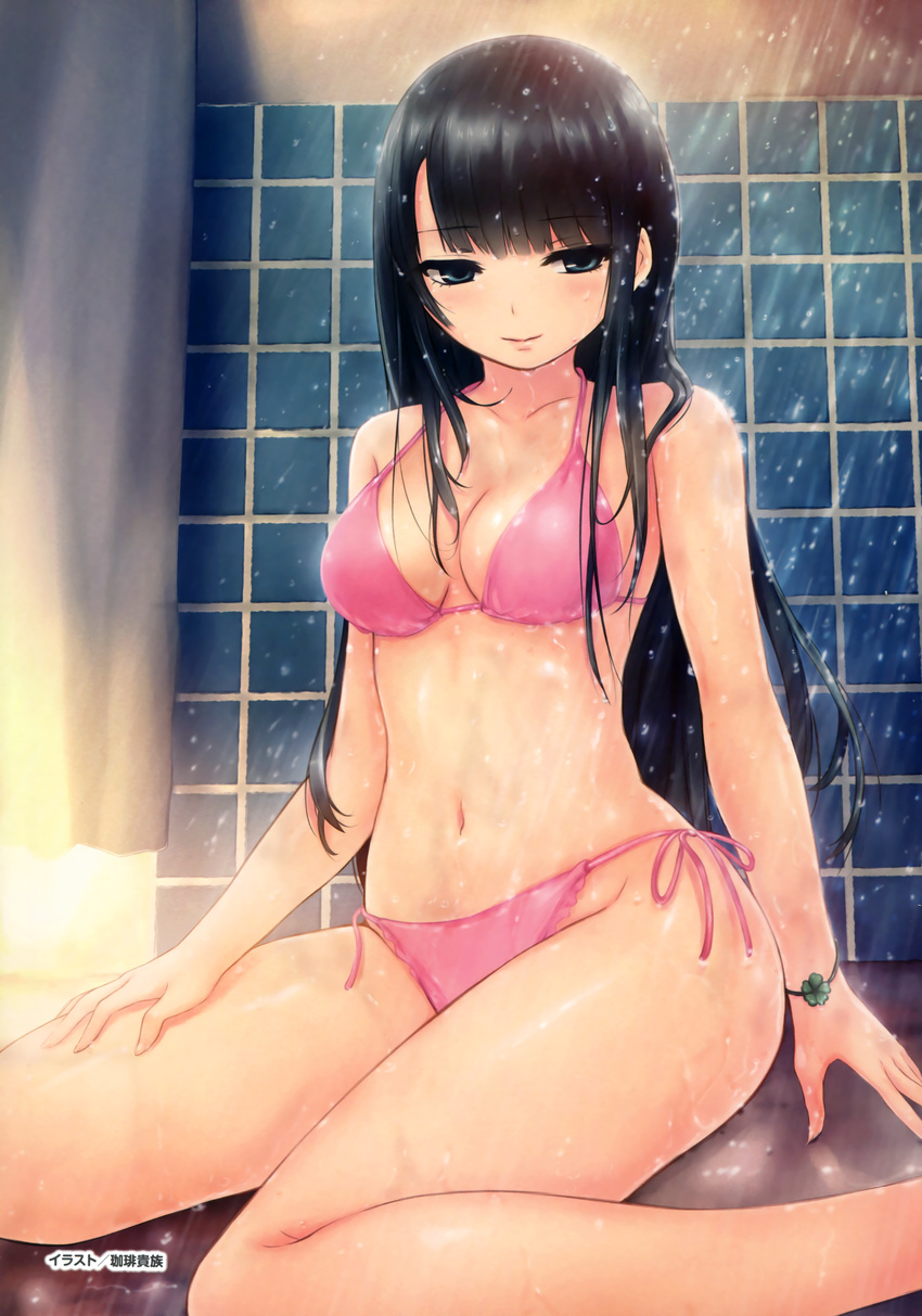 absurdres ame_koi bare_shoulders bikini black_hair blue_eyes breasts cleavage coffee-kizoku female halterneck highres indoors isshi_mizuki long_hair medium_breasts navel pink_bikini scan shiny_skin showering side-tie_bikini_bottom sitting smile solo string_bikini swimsuit wariza wet wet_hair wristband