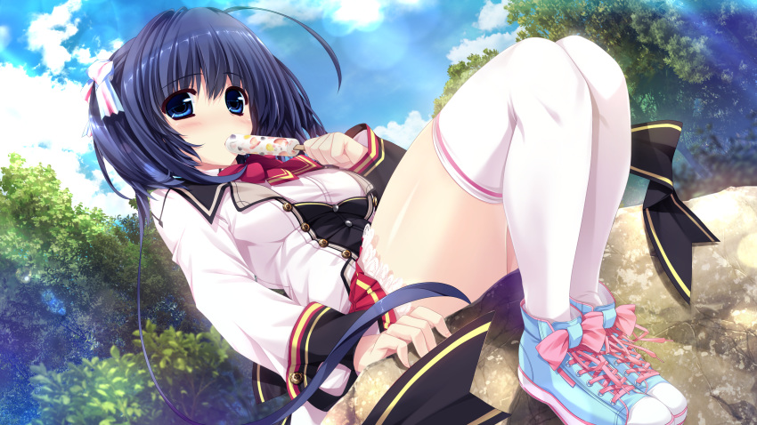 blue_eyes blue_hair blush clochette game_cg kokorone=pendulum! oshiki_hitoshi popsicle school_uniform tatenokawa_tsumuri thighhighs