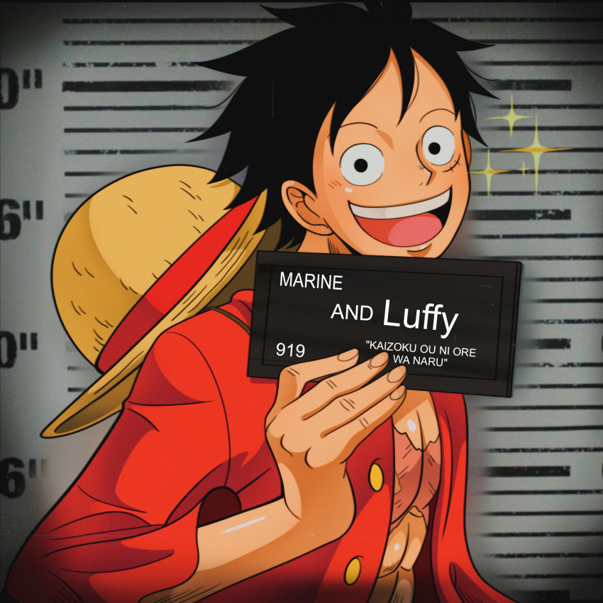 1boy barbie_mugshot_(meme) black_hair chandllucky character_name commentary hat hat_on_back height_chart height_mark highres holding holding_sign male_focus meme monkey_d._luffy mugshot one_piece open_mouth prison prisoner scar scar_on_chest short_hair sign smile straw_hat upper_body