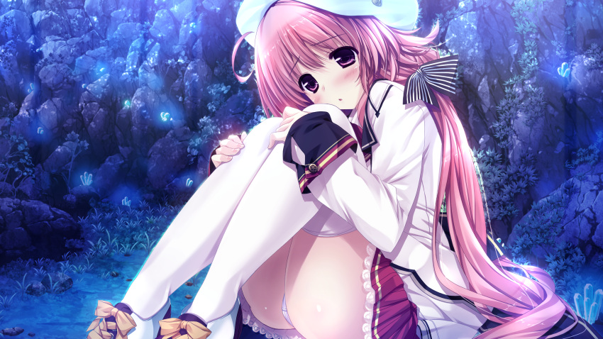 blush bow clochette game_cg hat kokorone=pendulum! komachiya_nazuna long_hair night oshiki_hitoshi panties pink_eyes pink_hair school_uniform skirt thighhighs underwear