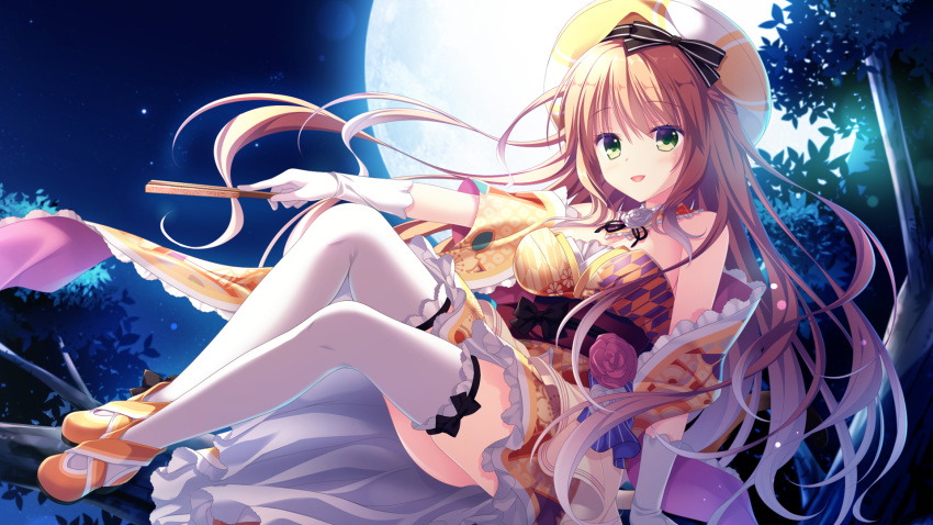 brown_hair fan game_cg green_eyes hat japanese_clothes long_hair moon neko-nin_exheart saiga_himari takano_yuki thighhighs whirlpool