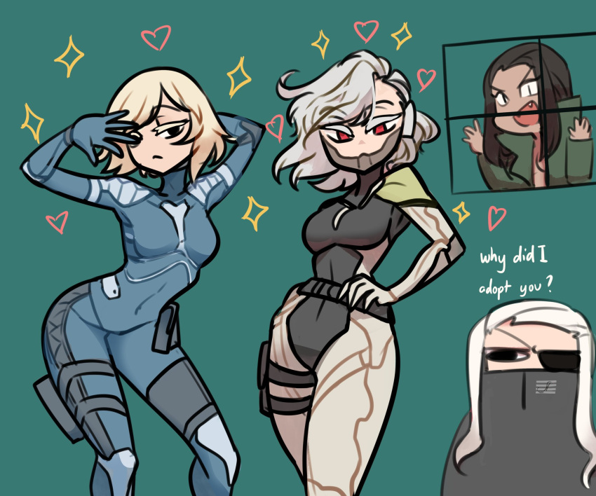 3girls black_hair blue_bodysuit bodysuit centurii-chan_(artist) commentary cyborg english_commentary english_text eyepatch genderswap_(mtf) green_background hand_on_own_hip highres holster long_hair looking_at_viewer metal_gear_(series) metal_gear_solid_2:_sons_of_liberty metal_gear_solid_4:_guns_of_the_patriots multiple_girls open_mouth raiden_(metal_gear) red_eyes rule_63 short_hair simple_background smile solidus_snake thigh_holster vamp_(metal_gear) white_hair