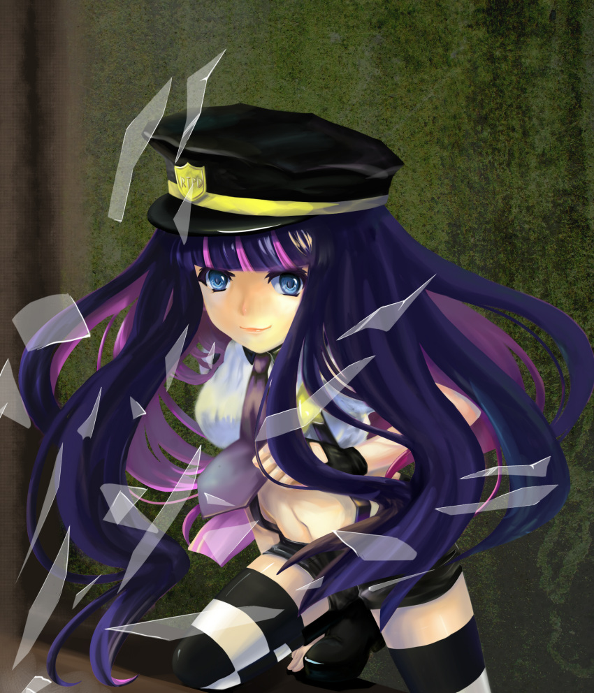 adapted_uniform blue_eyes broken_glass colored_inner_hair commentary_request crop_top female fingerless_gloves glass gloves hat highres long_hair multicolored_hair panty_&_stocking_with_garterbelt papillonlaurant peaked_cap police police_uniform solo stocking_(psg) striped_clothes striped_thighhighs thighhighs two-tone_hair uniform zettai_ryouiki