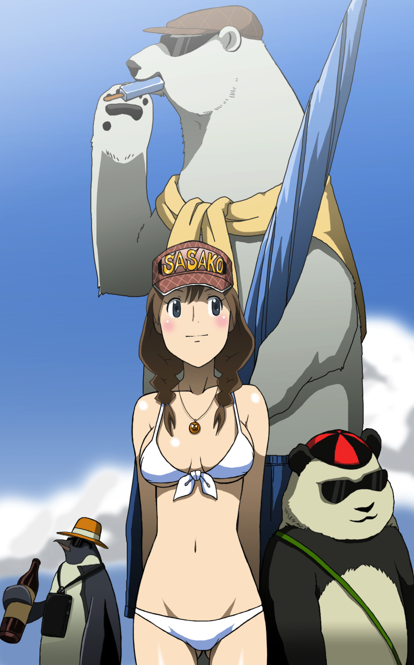 arms_behind_back beach_umbrella bear bikini bird blue_eyes bottle braid brown_hair cloud commentary_request day female food groin hat highres jewelry navel necklace panda panda_(shirokuma_cafe) penguin penguin_(shirokuma_cafe) polar_bear popsicle sasako_(shirokuma_cafe) scarf shirokuma_(shirokuma_cafe) shirokuma_cafe sky sunglasses swimsuit takaya_n twin_braids umbrella white_bikini