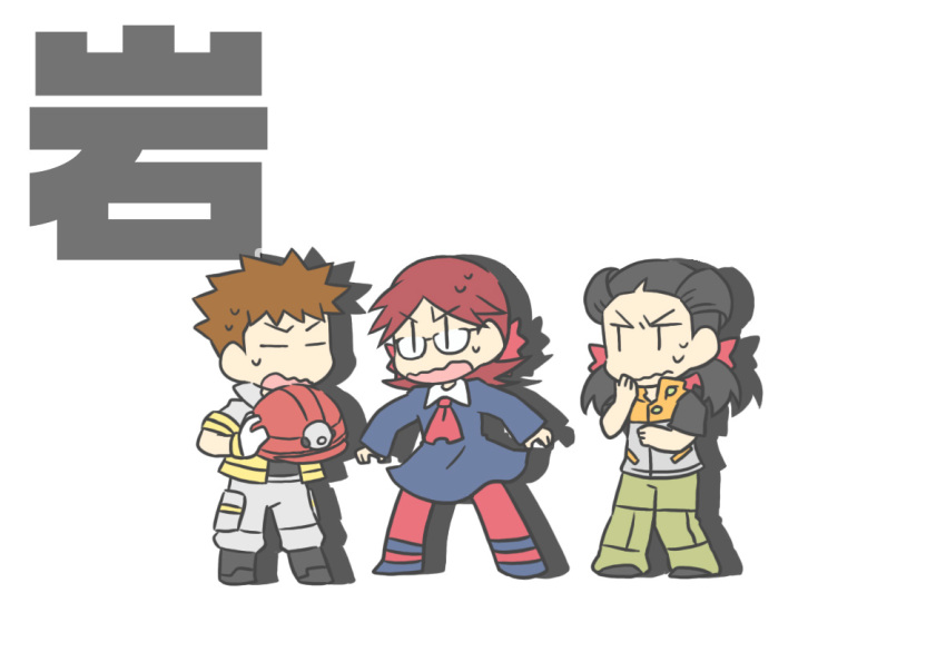 2boys artist_request black_hair brown_hair clothing_swap cosplay costume_switch female gym_leader hyouta_(pokemon) multiple_boys pokemon pokemon_(game) pokemon_rse red_hair rock takeshi_(pokemon) tsutsuji_(pokemon) white_background