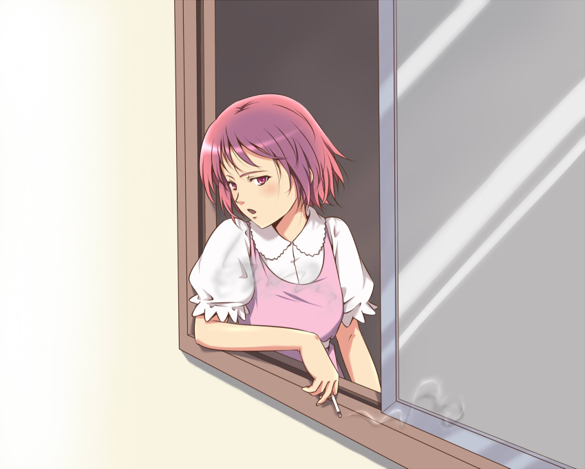 cigarette commentary_request dress female from_outside highres leaning_out_of_window pink_eyes pink_hair sakuraba_tsukasa short_hair smoking solo toaru_kagaku_no_railgun toaru_majutsu_no_index tsukuyomi_komoe window windowsill