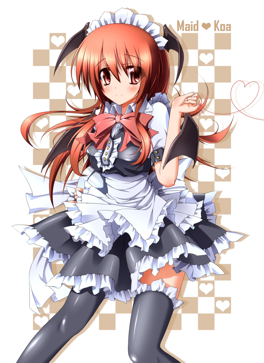 alternate_costume bad_id bad_pixiv_id bat_wings bow bowtie enmaided female head_wings heart highres koakuma long_hair looking_at_viewer maid maid_headdress midoriiro_no_shinzou red_eyes red_hair smile solo thighhighs touhou wings