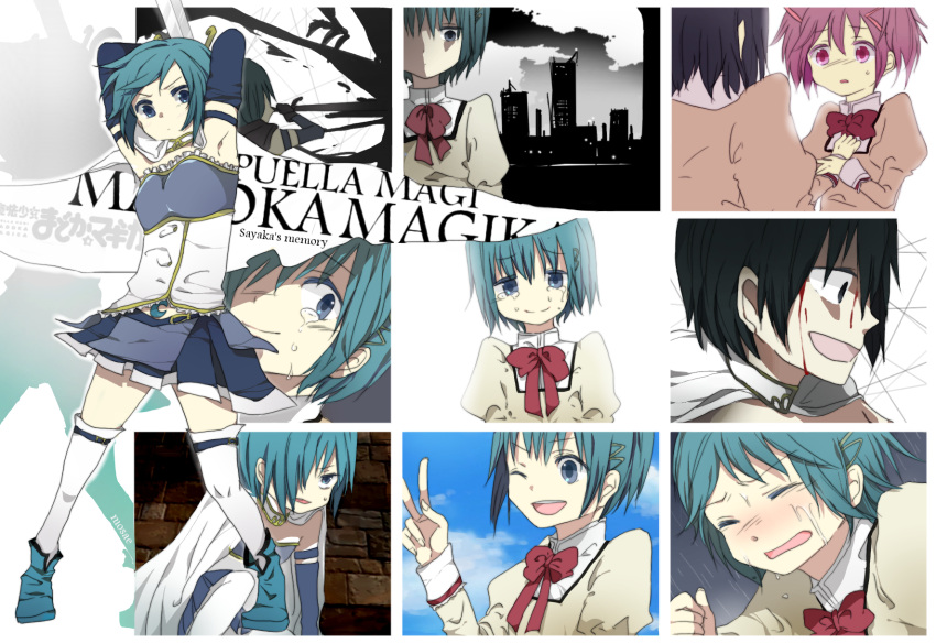 2girls armband armpits bad_id bad_pixiv_id blood blue_eyes blue_hair cape city elsa_maria_(madoka_magica) gloves hair_ornament hair_ribbon hairclip highres kaname_madoka magical_girl mahou_shoujo_madoka_magica mahou_shoujo_madoka_magica_(anime) miki_sayaka miki_sayaka_(magical_girl) mitakihara_school_uniform momomosae multiple_girls one_eye_closed pink_eyes ribbon school_uniform short_hair short_twintails soul_gem sword tears thighhighs twintails weapon witch's_labyrinth zettai_ryouiki