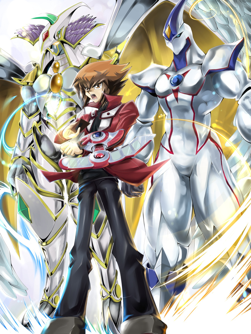 3boys absurdres ari_(amway) card duel_disk duel_monster elemental_hero_neos highres holding holding_card male male_focus monster multiple_boys open_mouth pile_of_cards rainbow_neos slifer_red_uniform wings yu-gi-oh! yugioh_gx yuki_judai yuu-gi-ou_(card) yuu-gi-ou_gx yuuki_juudai