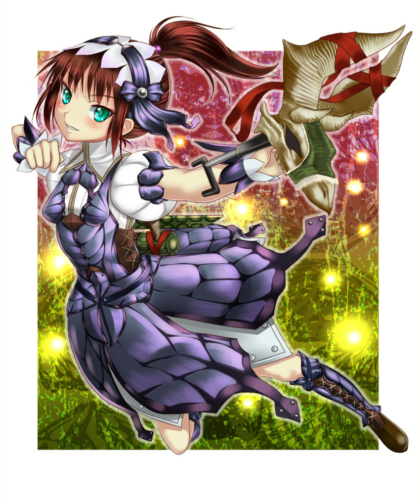 armor blush bnahabra_(armor) boots brown_hair capcom female green_eyes highres monster_hunter monster_hunter_3 skirt smile solo