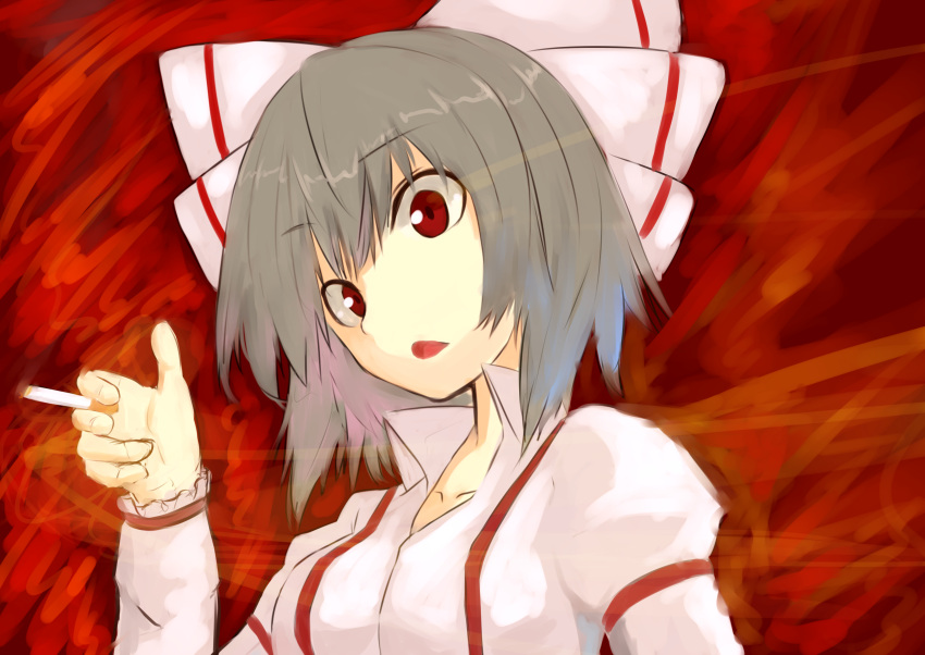 absurdres alternate_hair_length alternate_hairstyle bad_id bad_pixiv_id bow cigarette female fujiwara_no_mokou fujiwara_no_mokou_(young) grey_hair hairbow highres houmatu_awa open_mouth red_eyes short_hair solo suspenders touhou