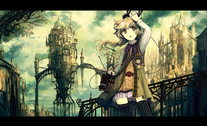 architecture arm_up bag black_thighhighs blonde_hair bridge brown_eyes building cable city commentary_request cowboy_shot dome dress fantasy female fence floating_hair gothic_architecture hand_on_own_head hatoya_hato headphones headphones_removed holding ironwork layered_clothes letterboxed looking_afar neck_ribbon open_mouth original photoshop_(medium) pocket_watch ponytail radio radio_antenna ribbon short_dress shoulder_bag sky solo spire striped_clothes striped_thighhighs thighhighs vertical-striped_clothes vertical-striped_thighhighs watch wind zettai_ryouiki