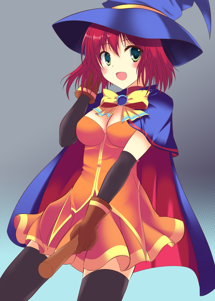 absurdres alice_wishheart bad_id bad_pixiv_id black_thighhighs blush_stickers bow breasts cape female gloves green_eyes h@lki_(sirakawa-haru) hat highres looking_at_viewer magical_halloween medium_breasts open_mouth orange_skirt red_hair skirt solo thighhighs witch_hat yellow_bow