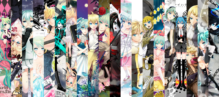 apple aqua_eyes aqua_hair black_hair black_rock_shooter blonde_hair blood blue_eyes blue_hair boots bow bunny_ears bunnygirl cake chains clock_lock_works_(vocaloid) crying dress eyepatch flowers food goggles green_eyes green_hair guitar gumi hatsune_miku headphones instrument japanese_clothes kagamine_len kagamine_rin kimono koi_wa_sensou_(vocaloid) lollipop long_hair lots_of_laugh_(vocaloid) mask melt_(vocaloid) mosaic_roll_(vocaloid) musunde_hiraite_rasetsu_to_mukuro_(vocaloid) polychromatic red_eyes ribbons rolling_girl_(vocaloid) romeo_and_cinderella_(vocaloid) saihate_(vocaloid) scarf seifuku short_hair skirt stars tears thighhighs tie twintails underwear vocaloid weapon when_the_first_love_ends_(vocaloid) white world_is_mine_(vocaloid)