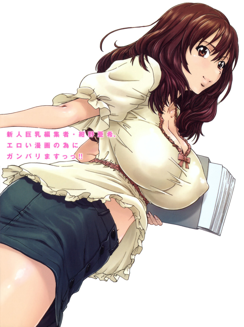 breasts brown_eyes brown_hair character_request cleavage covered_nipples female folder highres large_breasts long_hair original photoshop_(medium) simple_background smile solo white_background yumi_ichirou