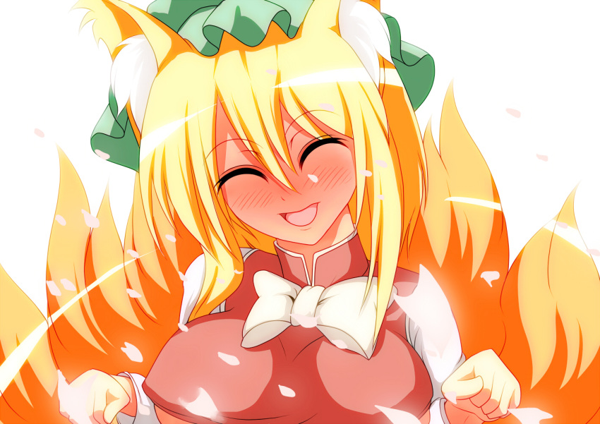 animal_ears blonde_hair blush bow breasts chen chen_(cosplay) commentary_request cosplay female fox_ears fox_tail full-face_blush hat head_tilt large_breasts merry_(diameri) multiple_tails paw_pose petals shirt short_hair smile solo tail touhou underboob undersized_clothes yakumo_ran