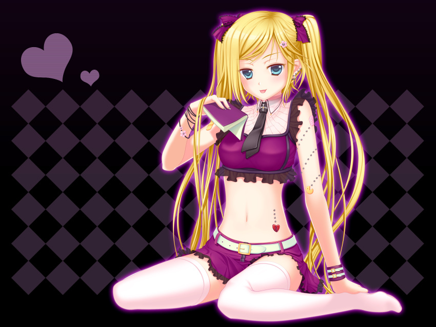 33paradox :p absurdres aqua_eyes bad_id bad_pixiv_id belt blonde_hair blush bracelet crop_top female fingernails hair_ornament highres jewelry kanojo_x_kanojo_x_kanojo long_hair looking_at_viewer midriff navel necktie orifushi_mafuyu photoshop_(medium) ribbon sitting skirt smile solo thighhighs tongue tongue_out twintails wariza