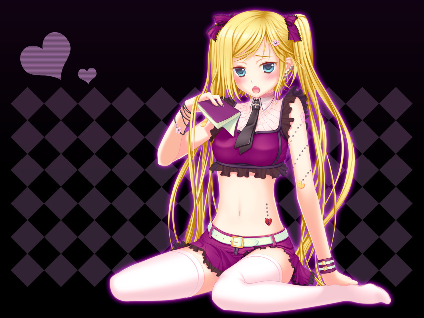 33paradox absurdres aqua_eyes bad_id bad_pixiv_id blonde_hair blush bracelet female hair_ornament heart highres jewelry kanojo_x_kanojo_x_kanojo long_hair looking_at_viewer midriff navel necktie open_mouth orifushi_mafuyu photoshop_(medium) ribbon sitting skirt solo thighhighs twintails very_long_hair wariza