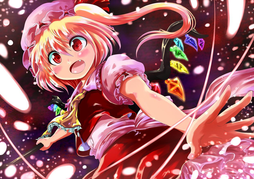 ascot blush commentary_request danmaku female flandre_scarlet foreshortening hat kakao_rantan laevatein_(touhou) oerba_yun_fang open_mouth red_eyes side_ponytail solo touhou wings