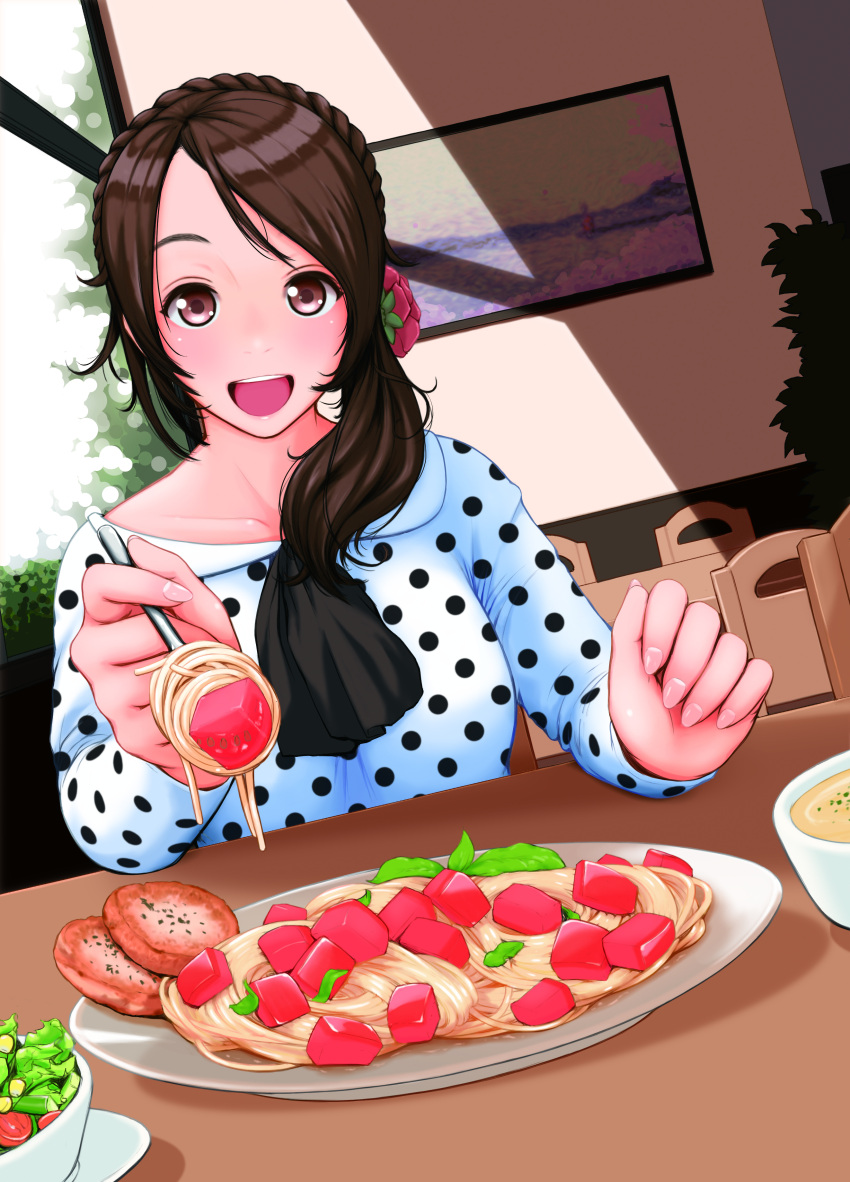 absurdres bad_id bad_pixiv_id brown_eyes brown_hair chair collarbone drawing_(object) dress dutch_angle feeding female fingernails flower food fork hair_flower hair_ornament highres holding holding_fork incoming_food indoors looking_at_viewer nanahime open_mouth original pasta plant plate polka_dot polka_dot_dress pov_across_table salad side_ponytail sitting smile solo soup spaghetti table tied_hair vegetable window