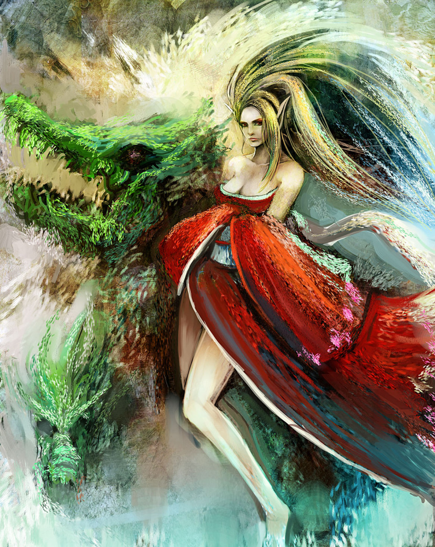 2012 barefoot bccp blonde_hair breasts byunei cleavage commentary_request demon_girl dragon female highres japanese_clothes kimono medium_breasts off_shoulder photoshop_(medium) pointy_ears red_eyes red_kimono romancing_saga_3 saga solo