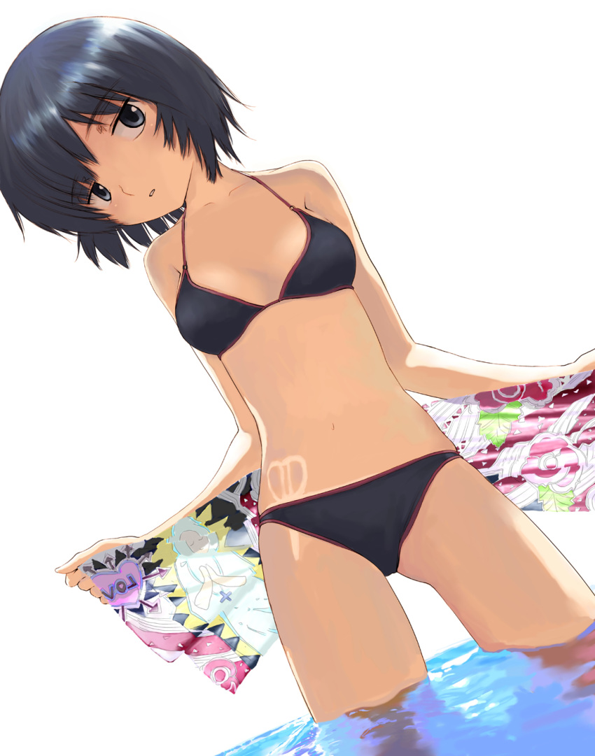 bikini black_bikini black_eyes black_hair commentary_request dutch_angle female head_tilt highres mocha_(snowflake) nazo_no_kanojo_x photoshop_(medium) print_sarong sarong short_hair simple_background solo sun_tattoo swimsuit tan tanlines unworn_sarong urabe_mikoto wading water white_background