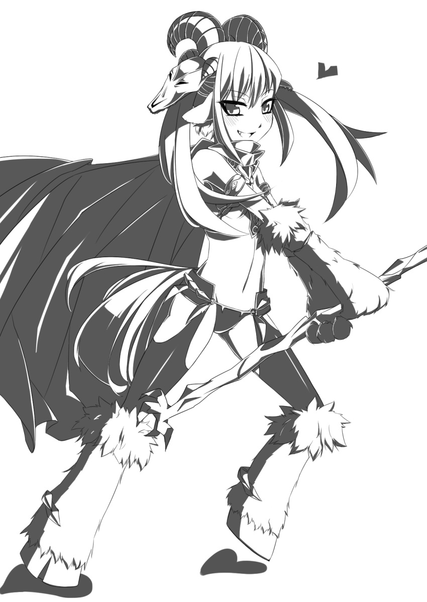 animal_hands bad_id bad_pixiv_id baphomet_(monster_girl_encyclopedia) cape female flat_chest fur garter_belt greyscale heart highres hooves horns monochrome monster_girl monster_girl_encyclopedia panties side6667 simple_background skull smile solo staff thighhighs thong underwear white_background